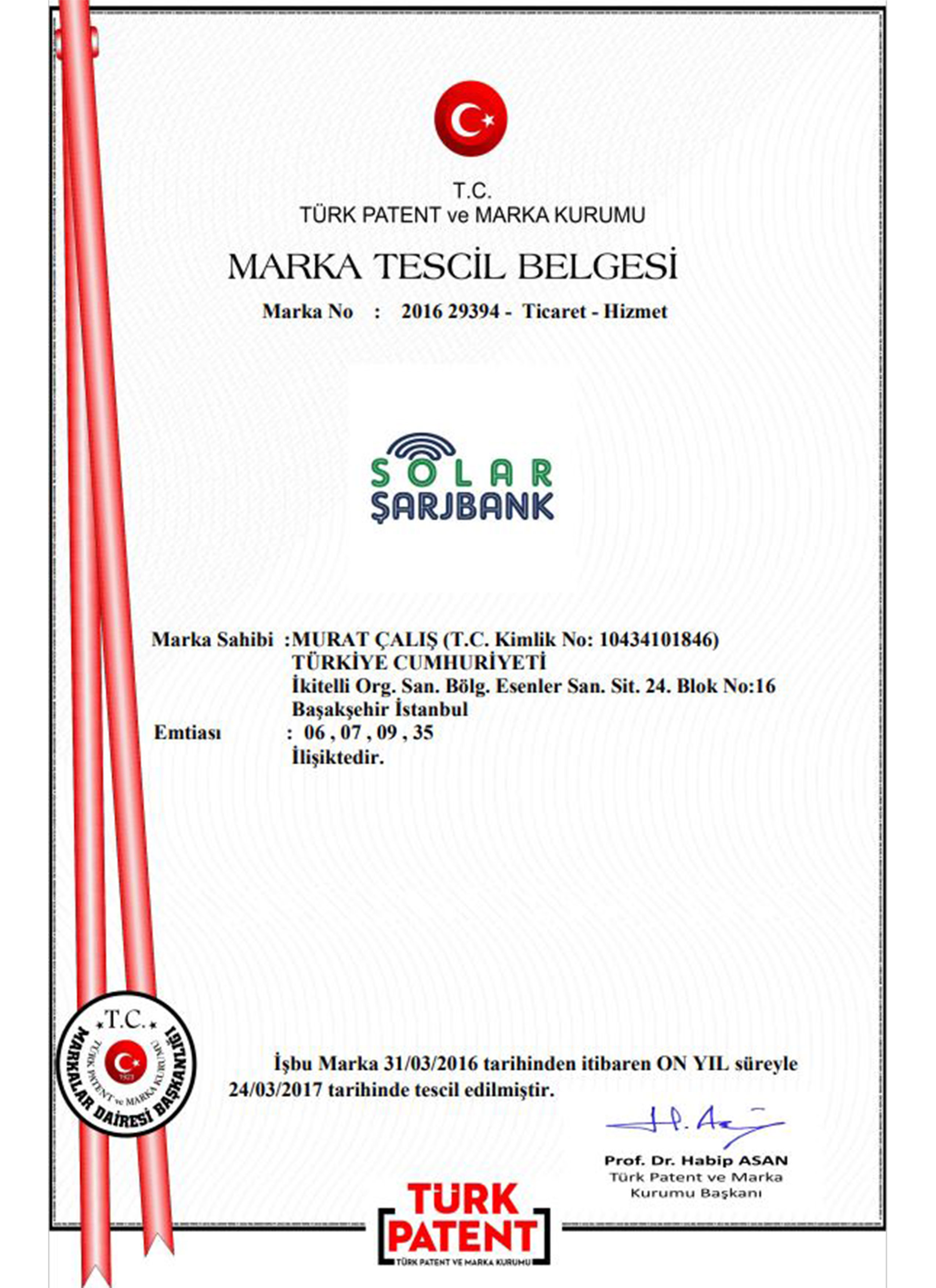 Trademark registration certificate